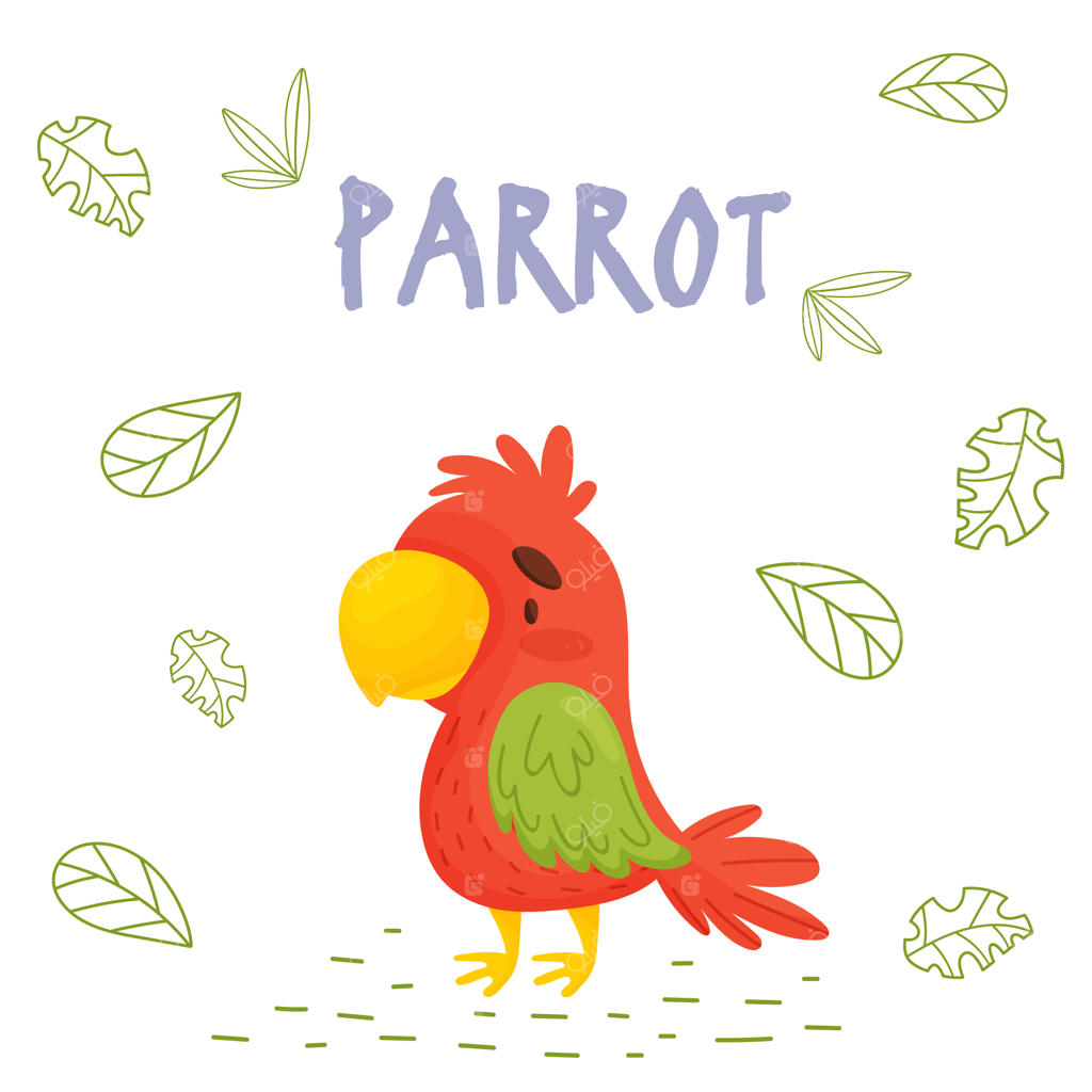 پوستری با طوطی کارتونی بامزه در محیط جنگلی برای چاپ کارت‌پستال و تی‌شرت، با پس‌زمینه سفید