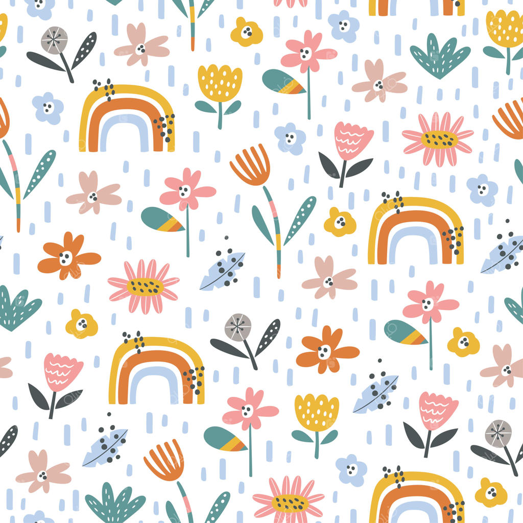پترن بدون درز کودکانه با طرح گل و رنگین‌کمان کارتونی، مناسب برای کاغذ دیواری و پارچه