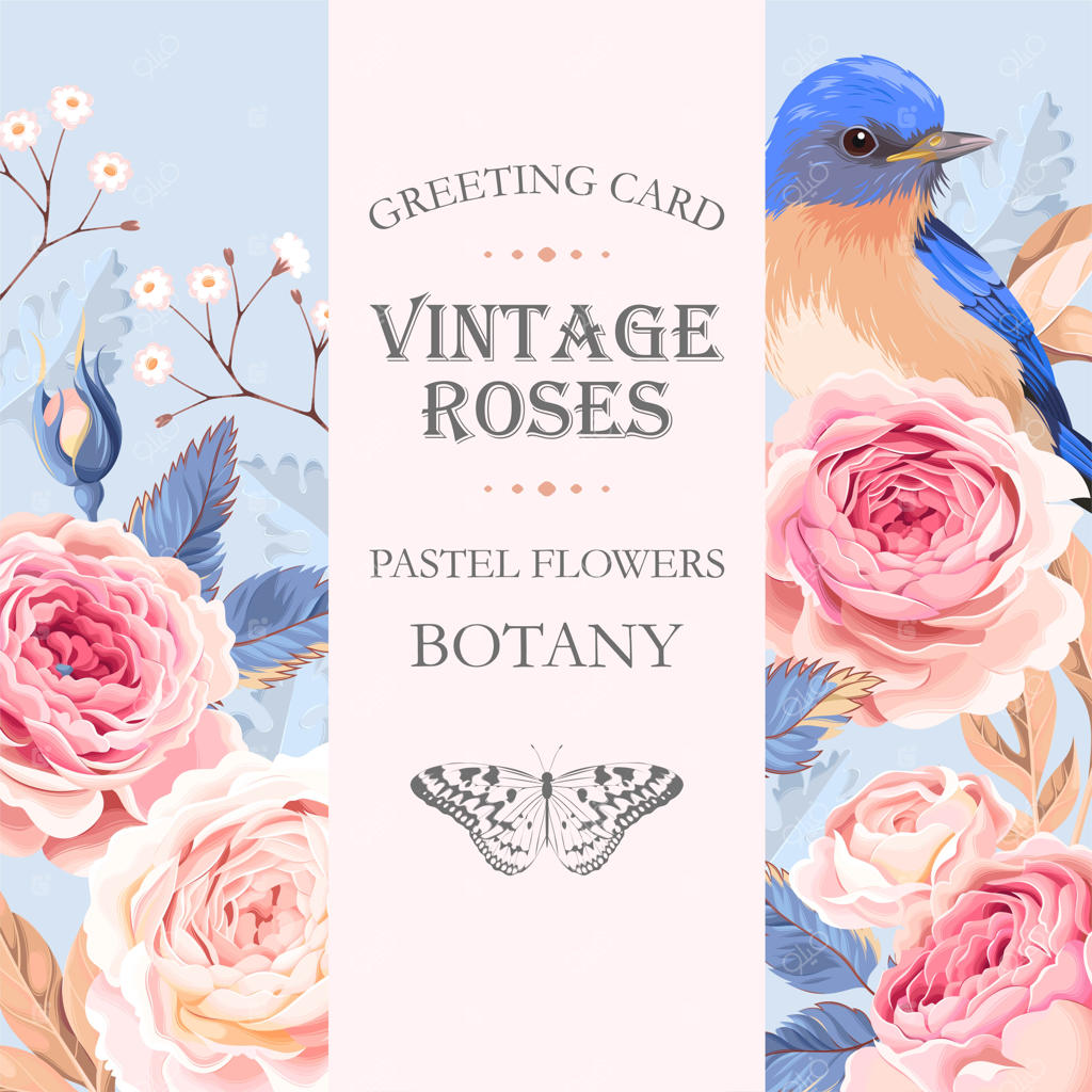 کارت قدیمی وکتور با گل‌های رز و پرنده