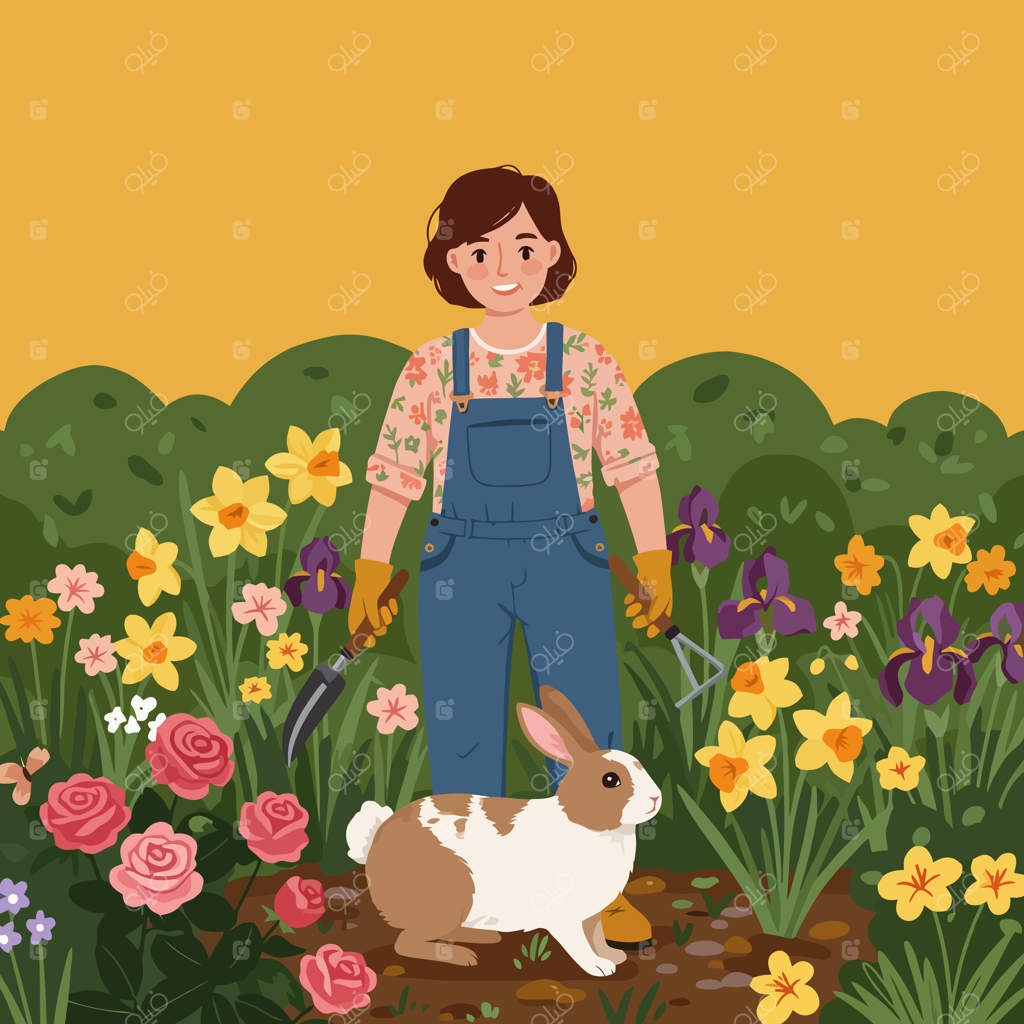 زن در باغ گل بهاری در کنار خرگوش مشغول باغبانی است