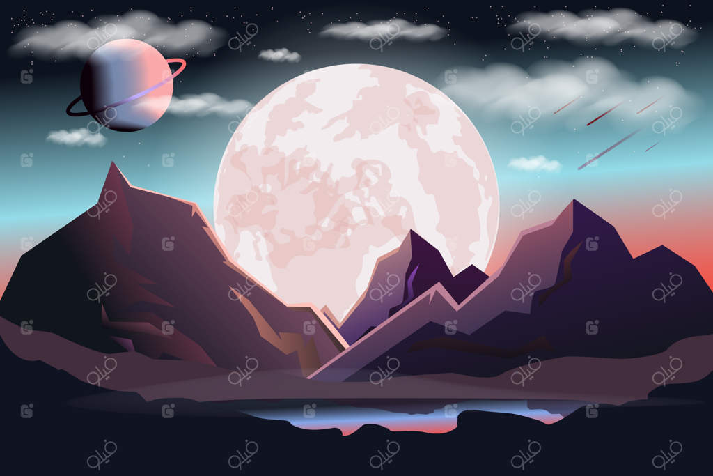 چشم‌انداز فضایی بیگانه در شب با کوه‌ها و ماه - تصویرسازی وکتور آسمان پرستاره