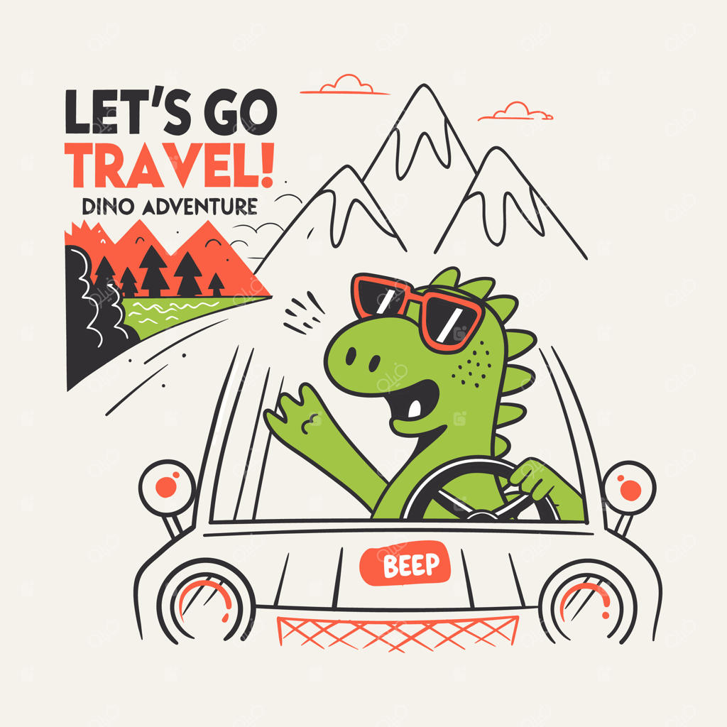 تصویر جذاب دایناسور با عینک آفتابی در حال رانندگی در کوه‌ها