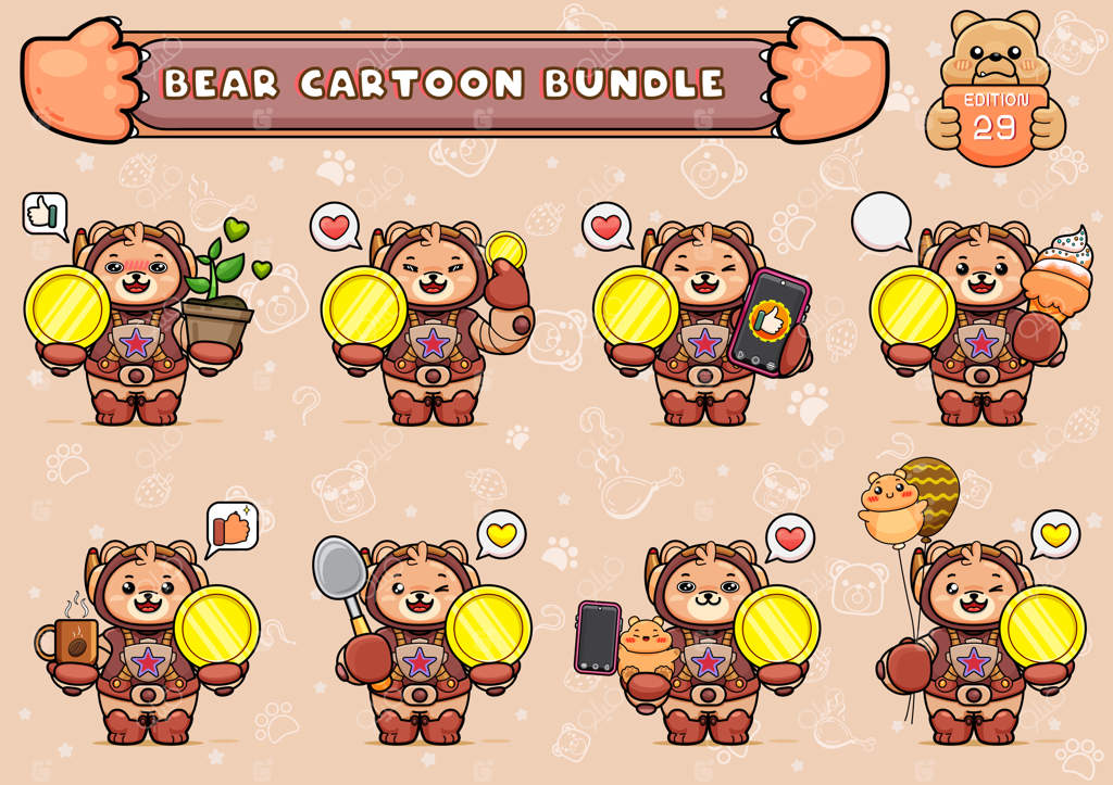 مجموعه‌ای از تصاویر خرس بامزه در لباس فضانوردی نگه‌دارنده سکه طلایی و چیزهای دیگر