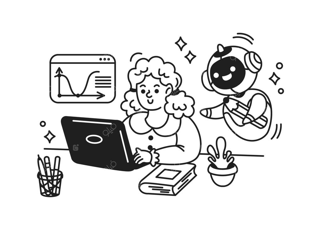 زن کارتونی و هوش مصنوعی در حال همکاری در یک میز. تصویر خطی سیاه و سفید با لپ‌تاپ، کتاب و نمودار. مفهومی از فناوری و هم‌افزایی.