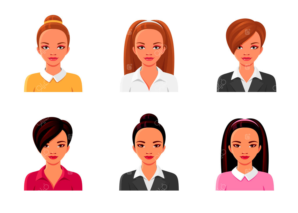 دختران آسیایی و اروپایی با لباس‌های رسمی. مجموعه‌ای از آواتارهای زنانه. تصویرسازی‌های مختلف زنان با مدل موها و لباس‌های متنوع