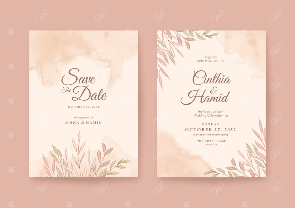 کارت دعوت عروسی عاشقانه با طرح آبرنگی برگ‌های زیبا