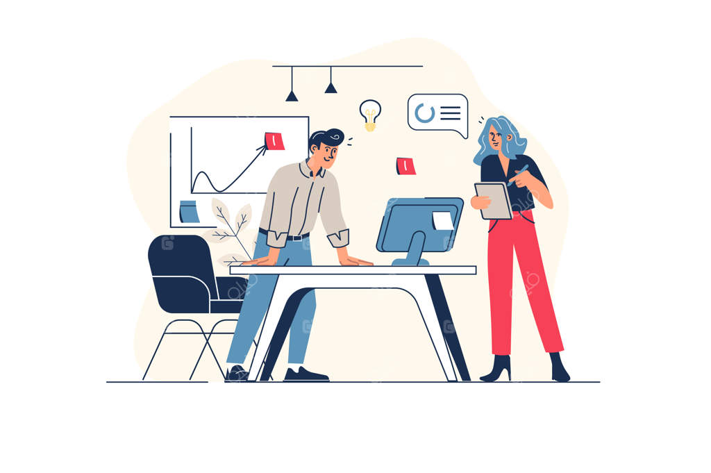 مفهوم کسب و کار دیجیتال در طراحی ساده خطی با حضور افراد: مرد و زن در حال کار در دفتر کار