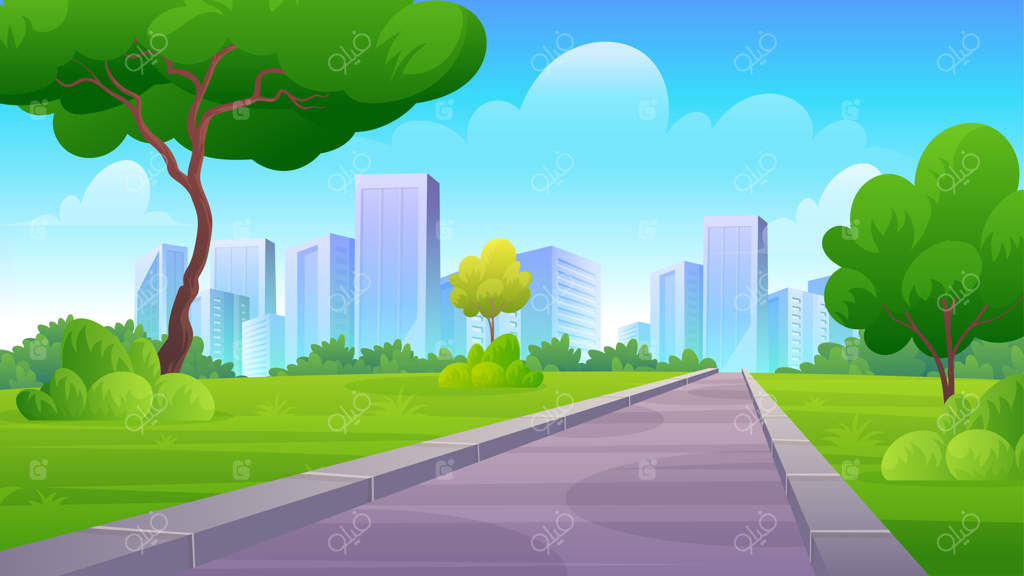 پارک شهری با چمن سبز، بوته‌ها، درختان و مسیر پیاده‌روی با آسمان‌خراش‌های بلند - تصویر کارتونی