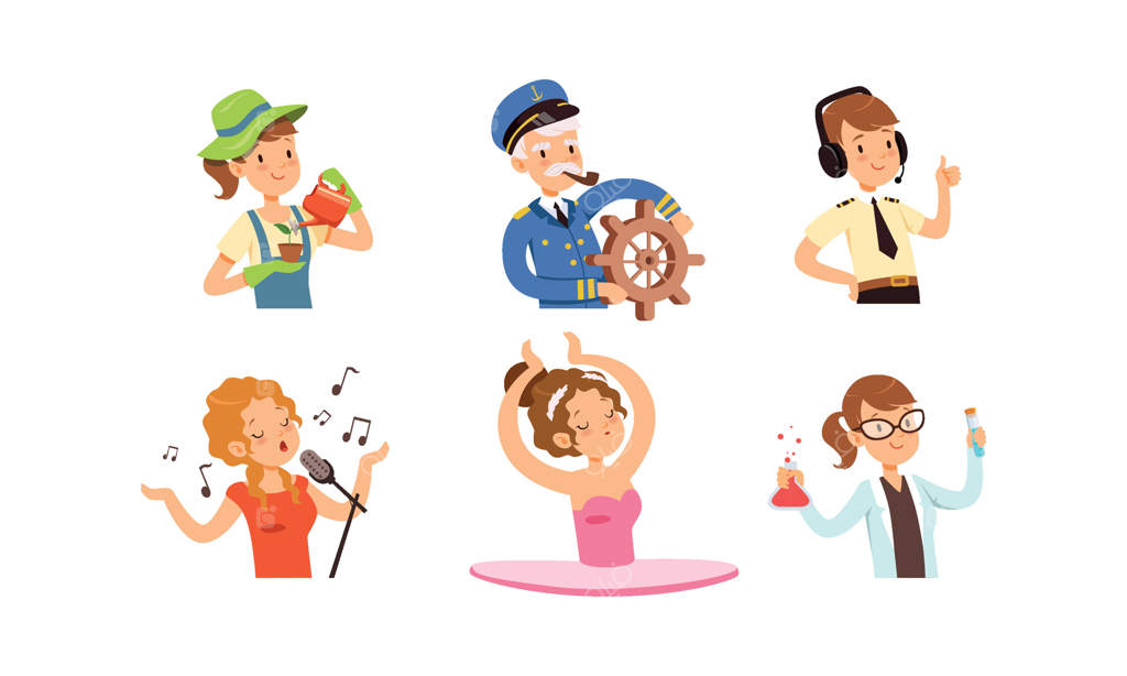 مجموعه کودکانی از حرفه‌های مختلف: شخصیت‌های پسران و دختران بامزه، باغبان، کاپیتان، کنترل‌کننده ترافیک هوایی، خواننده، بالرین، دانشمند - تصویرسازی