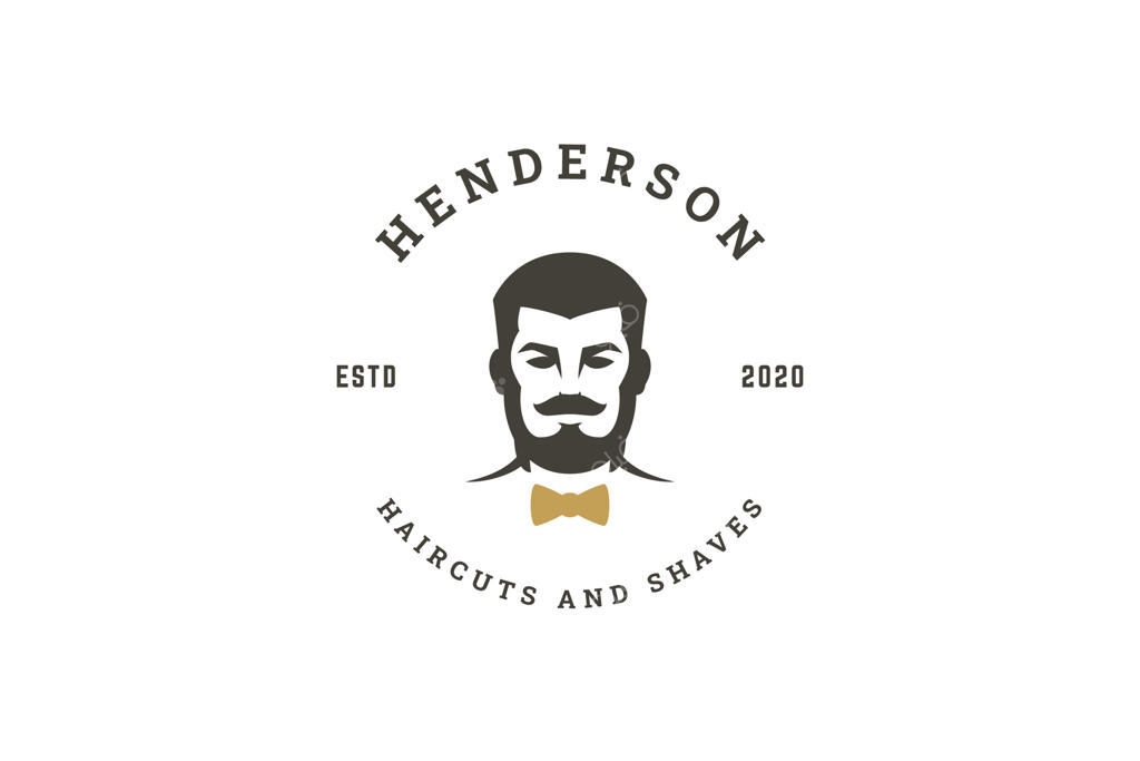 لوگوی شیک آرایشگاه قدیمی با سیلوئت مرد نوستالژی، کروات پاپیونی و طراحی متن کلاسیک