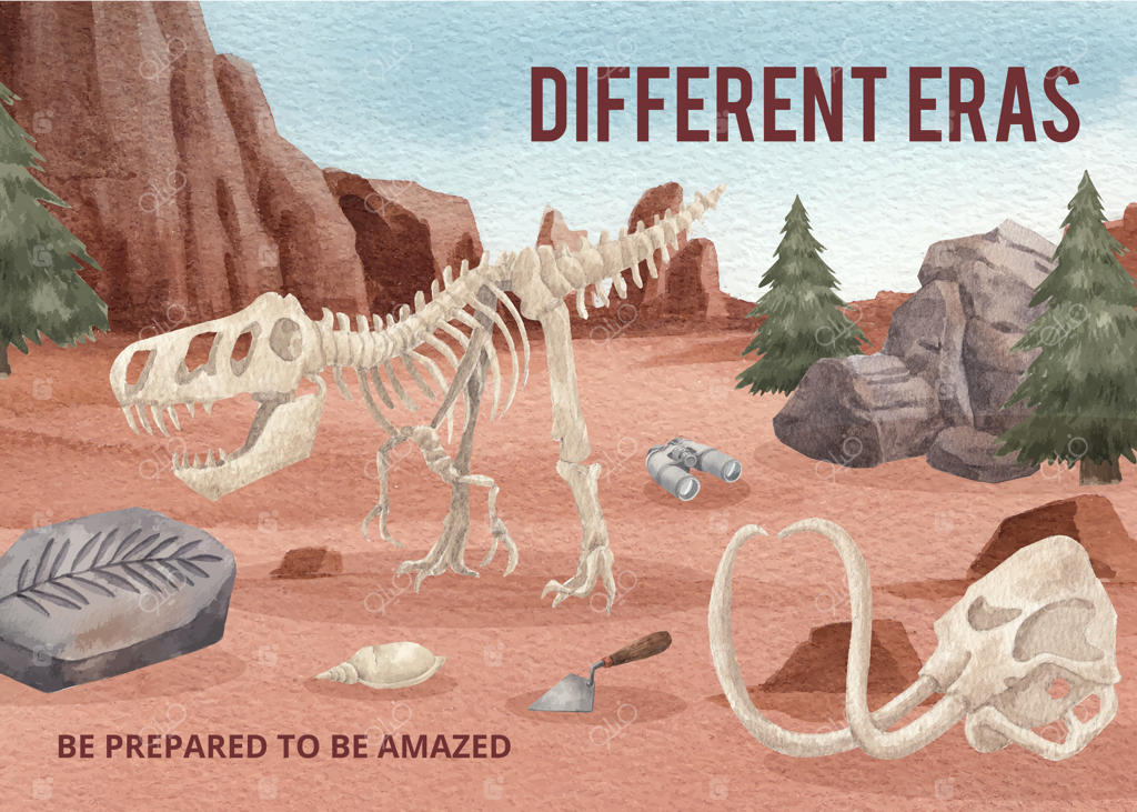 قالب کارت‌پستال با طرح باستان‌شناسی فسیل‌ها به سبک آبرنگ