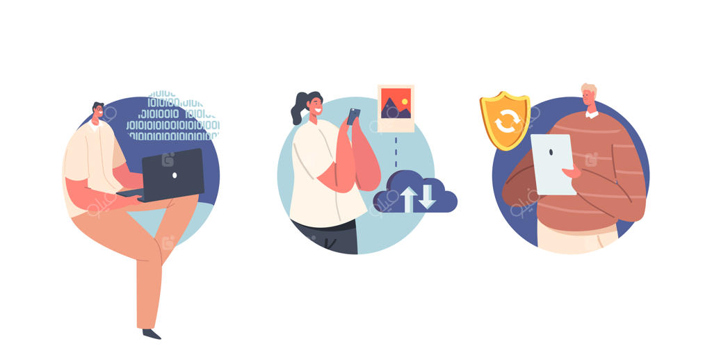 امنیت کامپیوتر، ایمنی اینترنت و حفاظت از داده‌های ابری - آیکون‌ها یا آواتارهای جداگانه شخصیت‌های مرد و زن