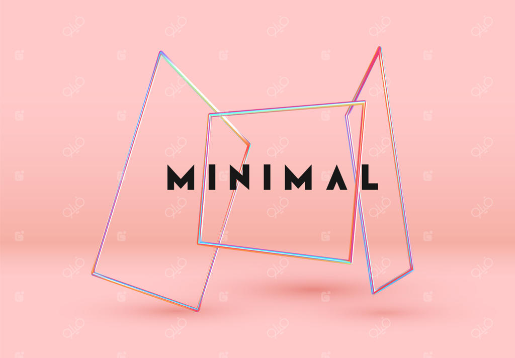 پس‌زمینه انتزاعی مینیمال با عناصر گرادینت هولوگرامی به رنگ‌های آبی و صورتی و قاب مربعی شناور در فضا. پوستر با اشکال حجمی و هندسی واقع‌گرایانه سه‌بعدی. تصویرسازی وکتور