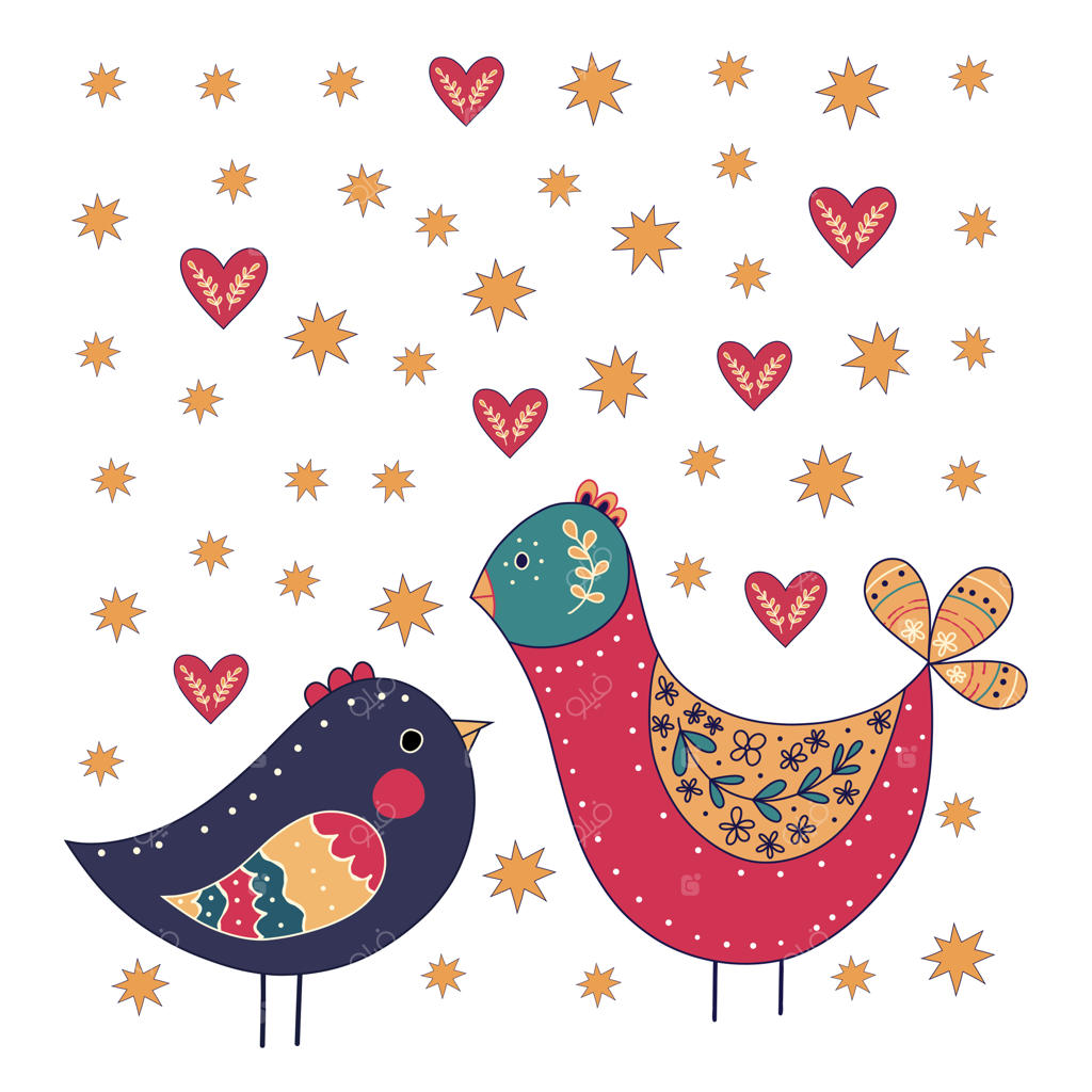 کارت وکتور با پرندگان رنگارنگ و قلب‌های درخشان - پرنده‌های بامزه