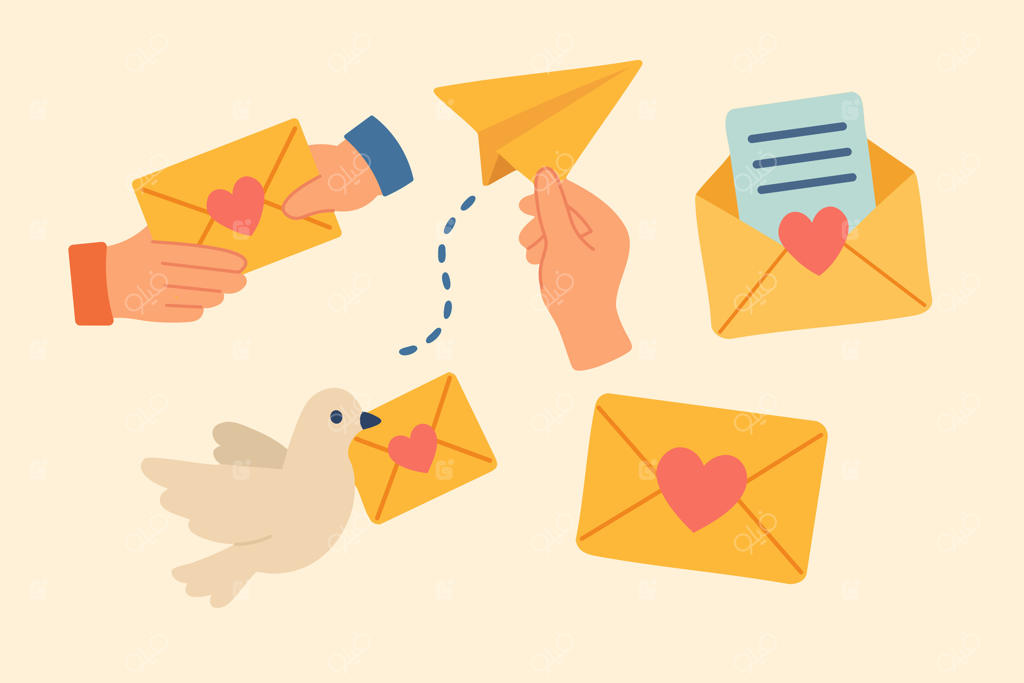 آیکون‌های کارتونی پاکت با قلب، نامه‌ها، دست‌ها و پرنده‌ای که پیام‌های عاشقانه می‌رساند.