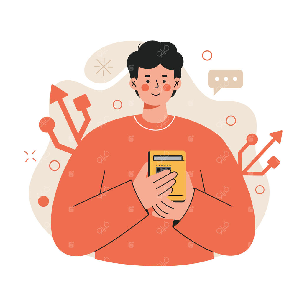 جوانی که کتابی در دست دارد و فلش‌هایی نماد رشد و ارتباط را در رنگ‌های نارنجی نشان می‌دهند