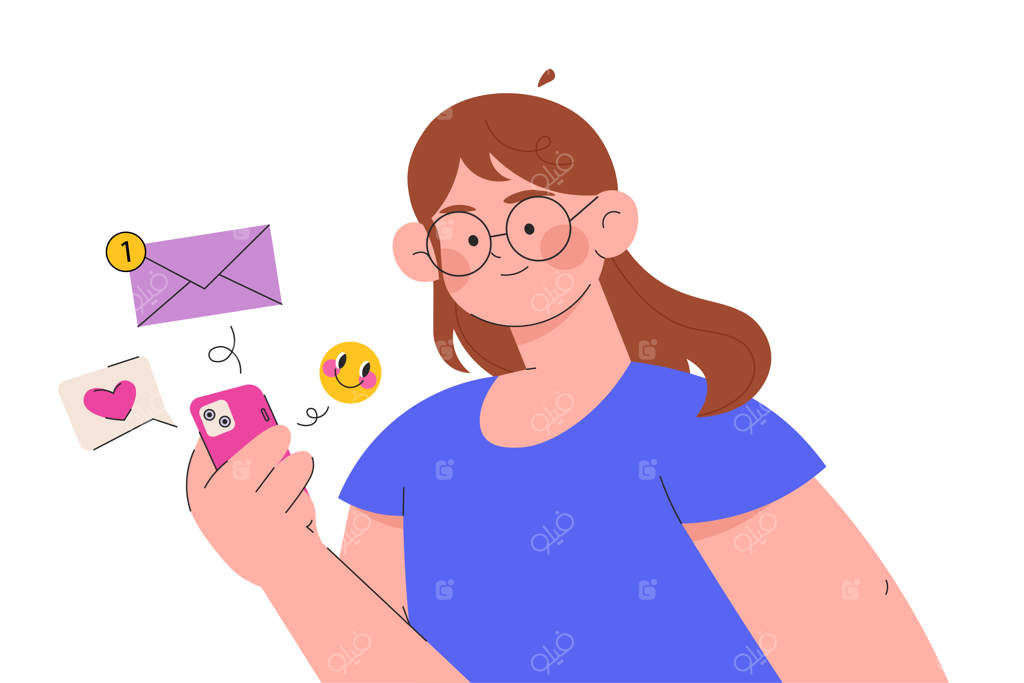 زن در حال ارسال پیام در شبکه‌های اجتماعی (تصویرسازی)