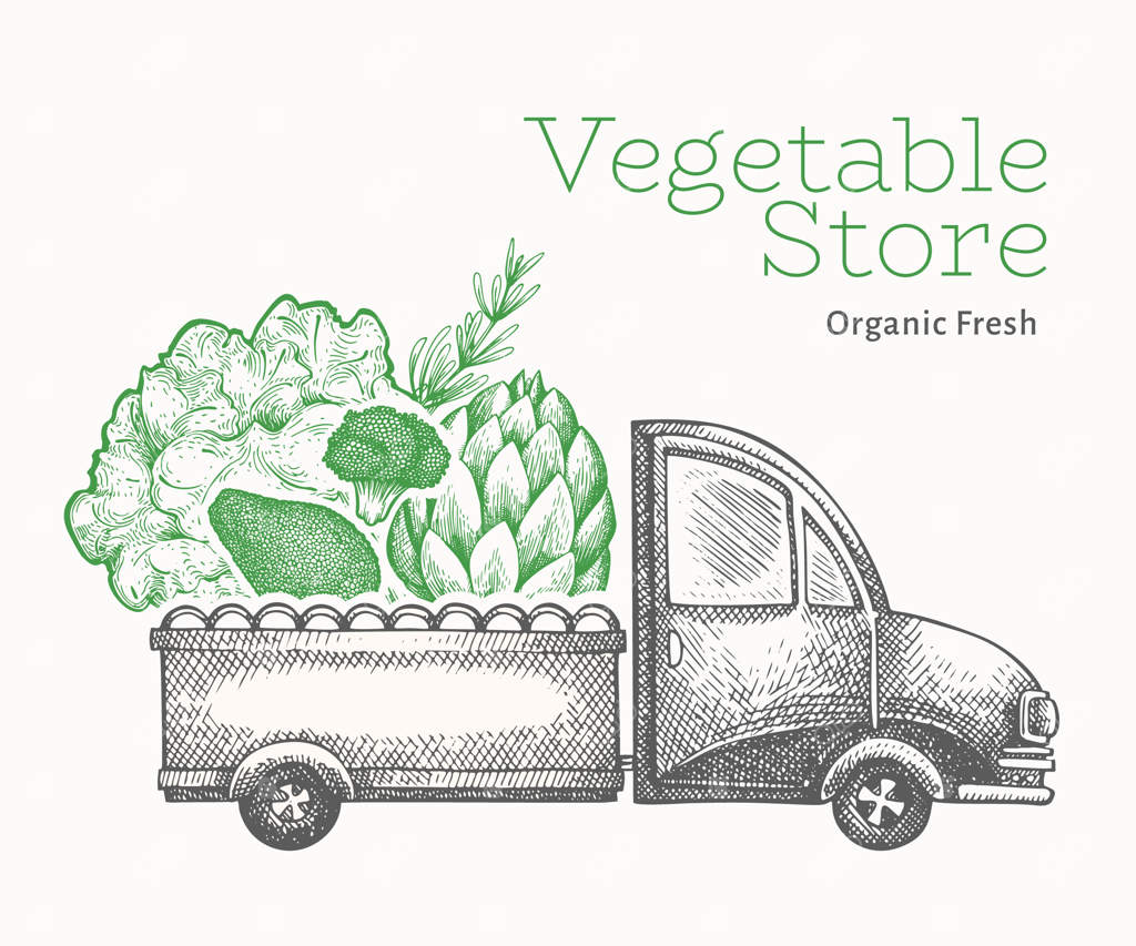 قالب لوگوی تحویل فروشگاه سبزیجات سبز. طراحی غذایی به سبک حکاکی و کلاسیک.