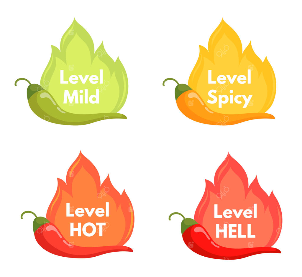 برچسب سطح تندی فلفل: درجه بندی فلفل چیلی از ملایم تا بسیار تند برای برچسب‌های سس، میزان تندی، سس گوجه‌فرنگی، جالاپنو، هابانرو، کاین، وکتور جذاب