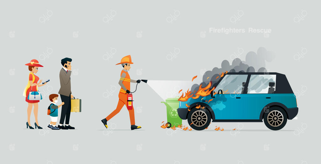امدادرسانی آتش‌نشانان به یک خودروی خانوادگی در صحنه آتش‌سوزی