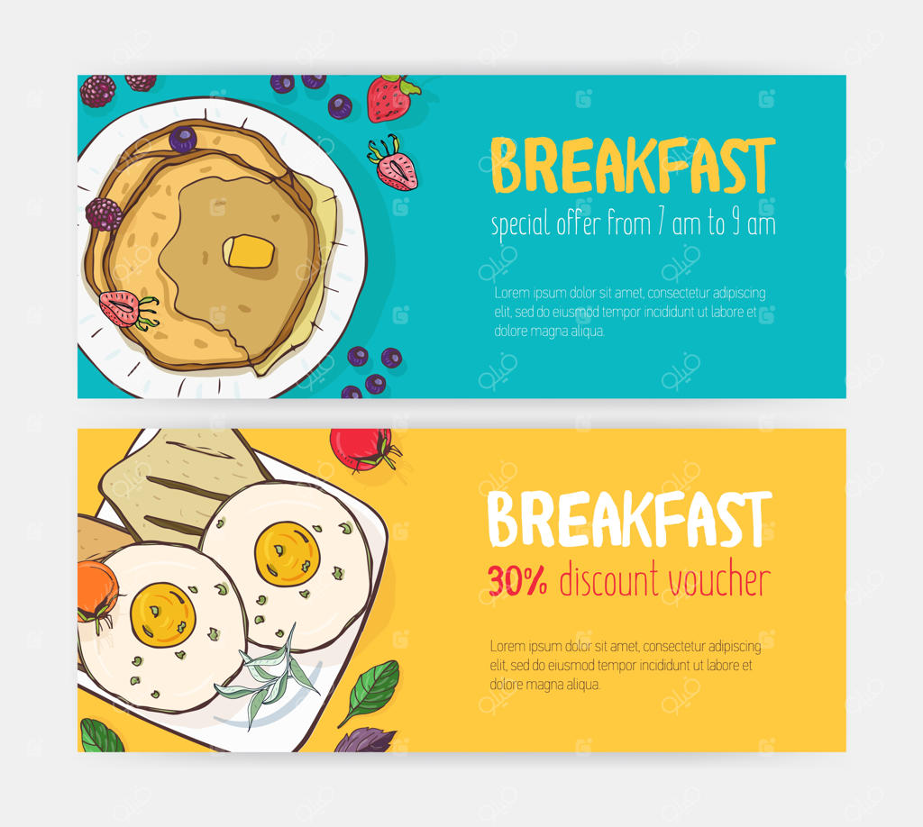 مجموعه‌ای از قالب‌های افقی کوپن تخفیف با صبحانه‌های خوشمزه روی بشقاب‌ها