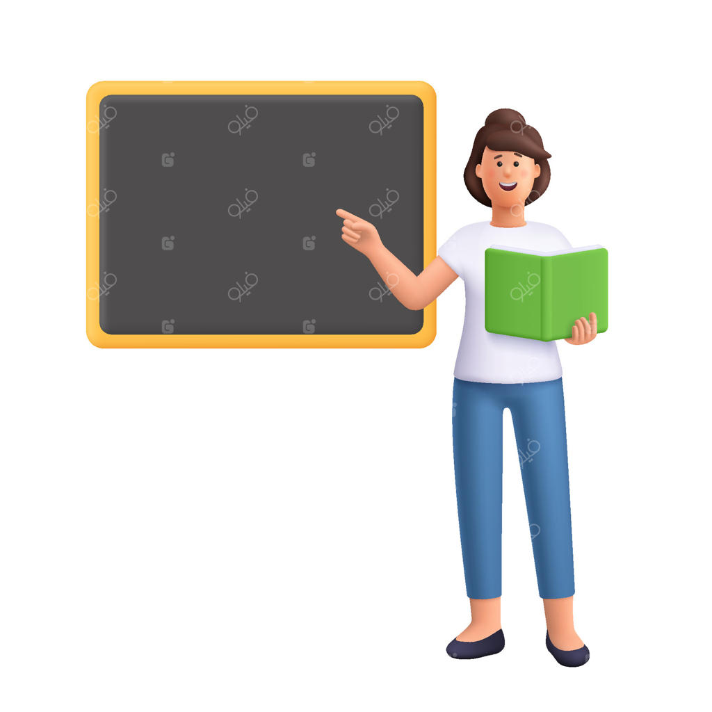 زن جوان و خندانی که در مقابل تخته سیاه ایستاده، کتابی در دست دارد و به تخته اشاره می‌کند. مفهوم آموزش. شخصیت کارتونی سه‌بعدی با سبک مینیمال.