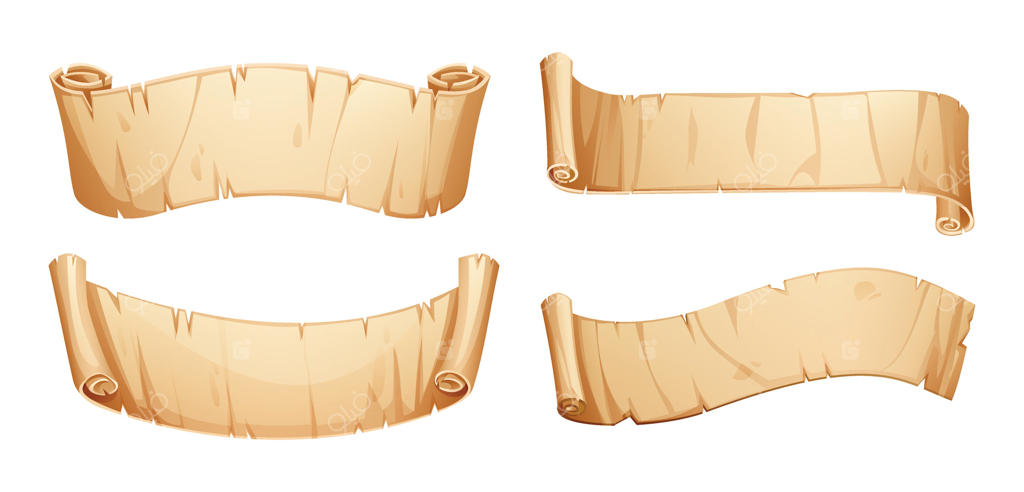 مجموعه‌ای از طومارهای پوستین با انتهای پیچ‌خورده و جهت‌های متفاوت. کاغذهای قدیمی و خالی، مناسب برای موضوعات تاریخی یا فانتزی. تصویرسازی کارتونی