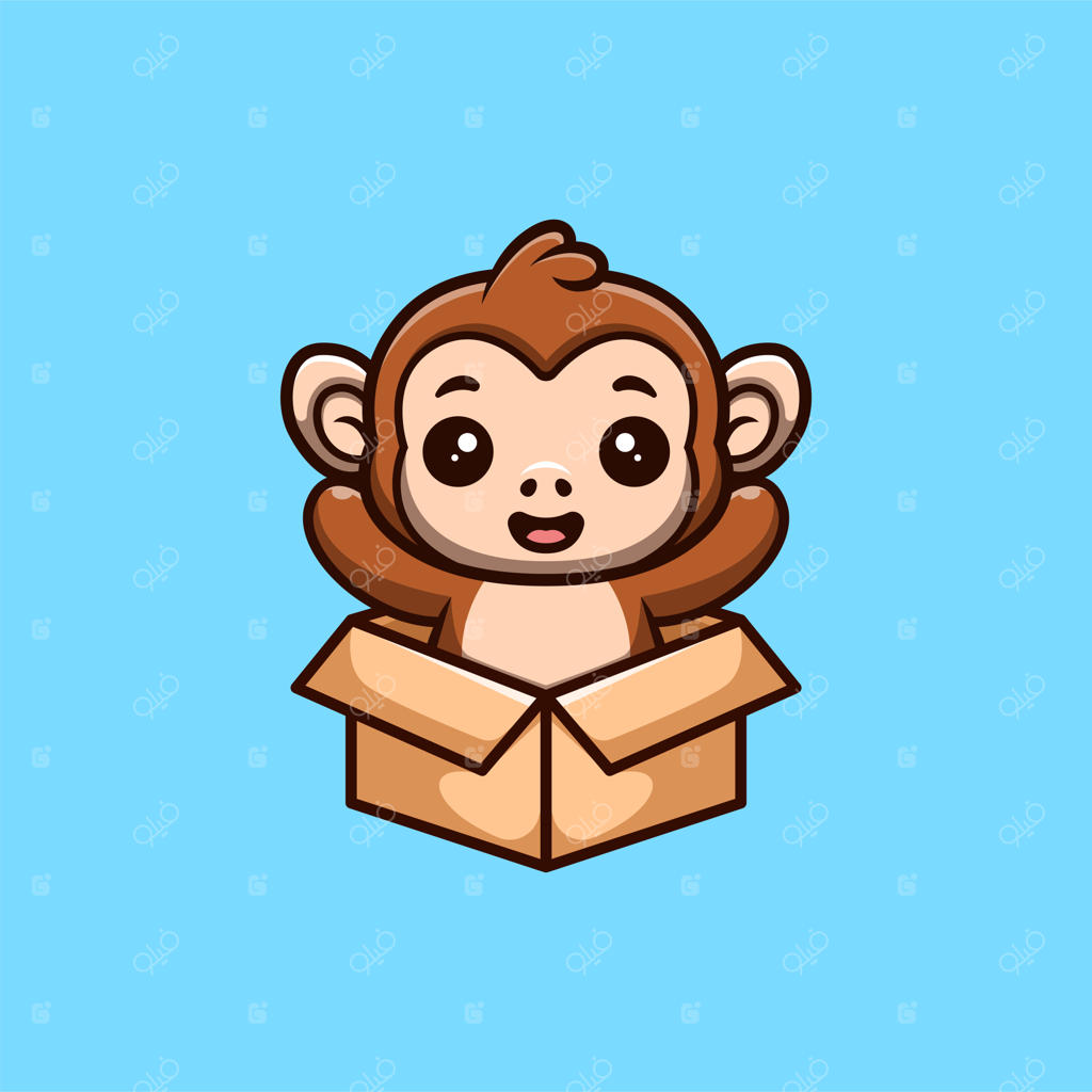 لوگوی کارتونی بامزه و خلاق میمون در حال نشستن بیرون از جعبه