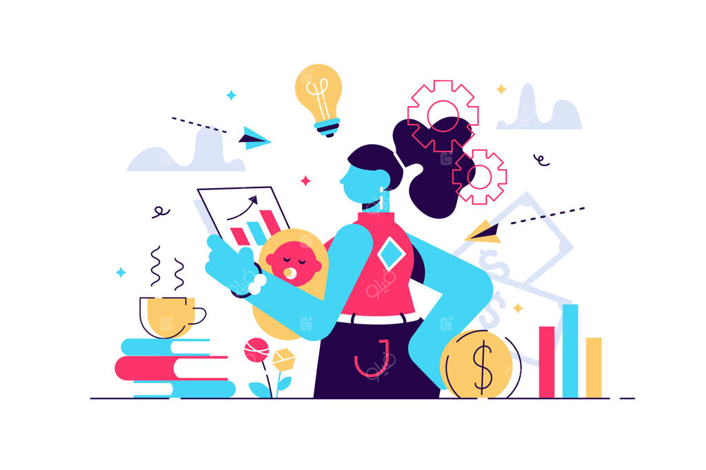 مادری پرمشغله و زن شاغل - تصویرسازی وکتوری از یک زن کوچک. زنی که تلاش دارد میان خانواده، فرزندان، شغل و کارهای خانه تعادل ایجاد کند. ذهن ناآرام مادری و افکار پریشان او.