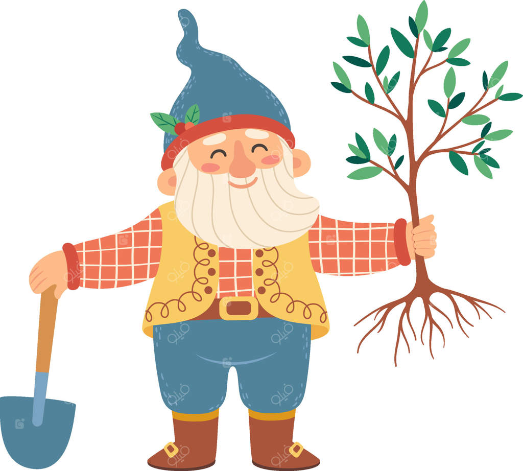 کوتوله باغ خوشحال با بیل در یک دست و نهال کوچک در دست دیگر، آماده کاشت، ترویج آگاهی زیست‌محیطی و فعالیت‌های باغبانی