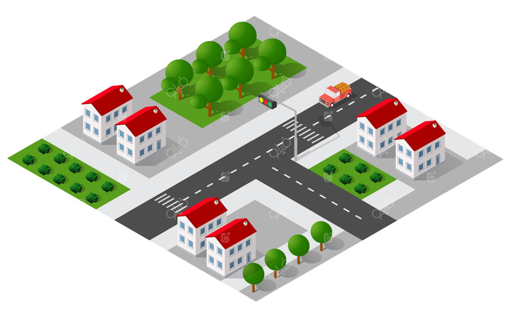 نمای ایزومتریک از بالای کلان‌شهر و زیرساخت‌های شهری؛ تصویرسازی سه‌بعدی از خیابان‌های مدرن، معماری واقعی و ساختمان‌های گوناگون