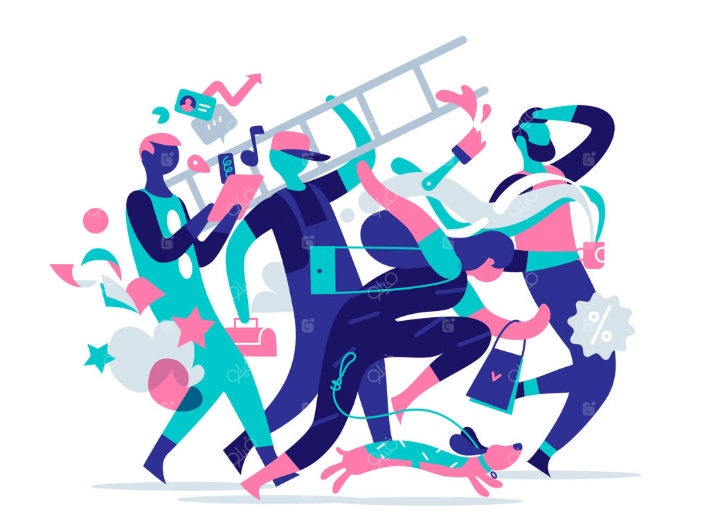 شخصیت‌های مرد و زن در حال انجام فعالیت‌های روزانه خود