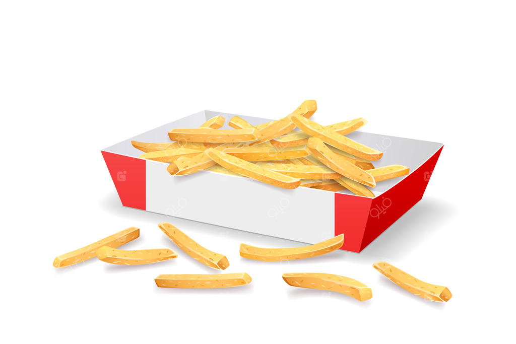 قالب بسته‌بندی سیب‌زمینی سرخ‌کرده در سینی کاغذی قرمز و سفید.