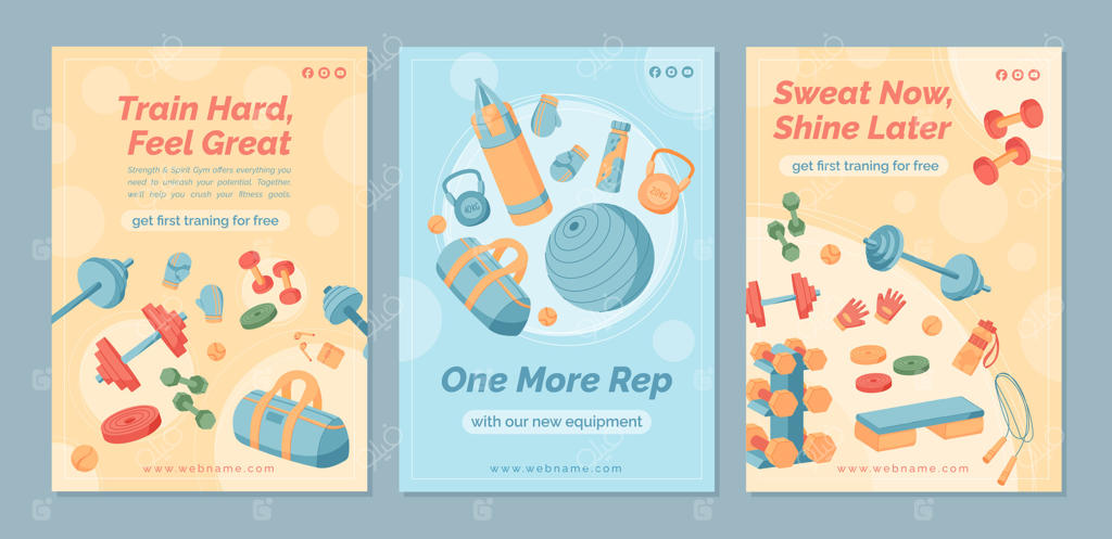 طراحی بنر فیتنس با تجهیزات ورزشی: دمبل، کتل‌بل و لوازم تمرینی. پس‌زمینه پرجنب‌وجوش برای تبلیغ تمرینات ورزشی.