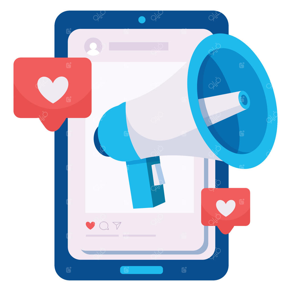 یک بلندگو بر روی صفحه موبایل ظاهر می‌شود و با آیکون‌های قلب احاطه شده است، نمادی از تبلیغات دیجیتال و تعامل کاربران.