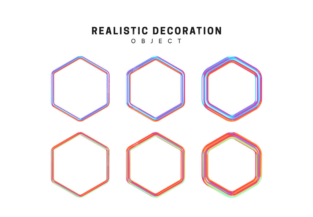 اشکال هندسی شش‌ضلعی با گرادیان صورتی و آبی، المان طراحی تزئینی ایزوله شده در پس‌زمینه سفید؛ مجموعه اشیاء سه‌بعدی، تصویرسازی وکتور واقع‌گرایانه.