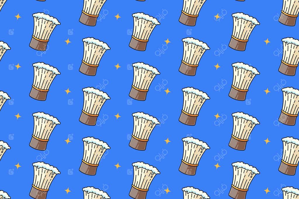 ست برس اصلاح با کف، پترن یکپارچه ستاره‌های رنگارنگ روی زمینه آبی. پترن تصویر شانه با صابون کرمی. پس‌زمینه طرح برس آرایشگری برای محصولات آرایشگاه.