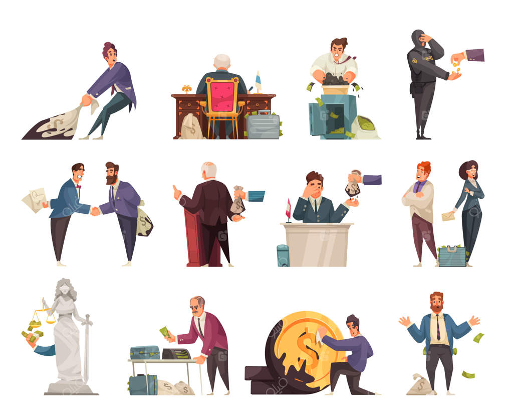 پولشویی غیرقانونی و رشوه‌خواری: نماد عدالت در قالب کارتون - مجموعه‌ای از تصاویر وکتوری