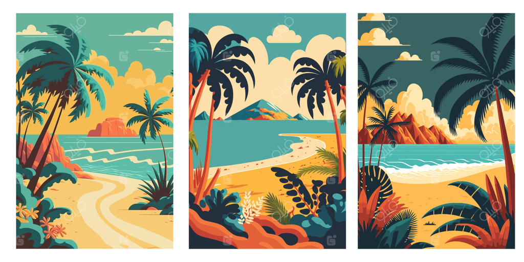 تصویر کارتونی نمای ساحلی گرمسیری در غروب و طلوع خورشید