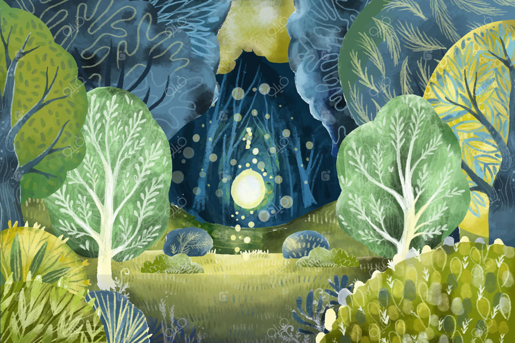 تصویرسازی جنگل افسون‌شده با آبرنگ