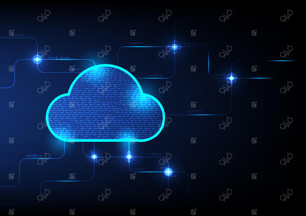 سیستم رایانش ابری پیشرفته با شبکه‌ها و نمادهای تبادل داده در پس‌زمینه آبی