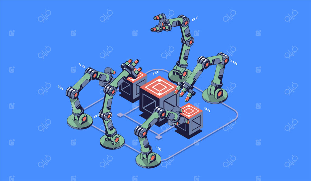 دست مکانیکی: ربات صنعتی و فناوری مدرن - تصویرسازی ایزومتریک