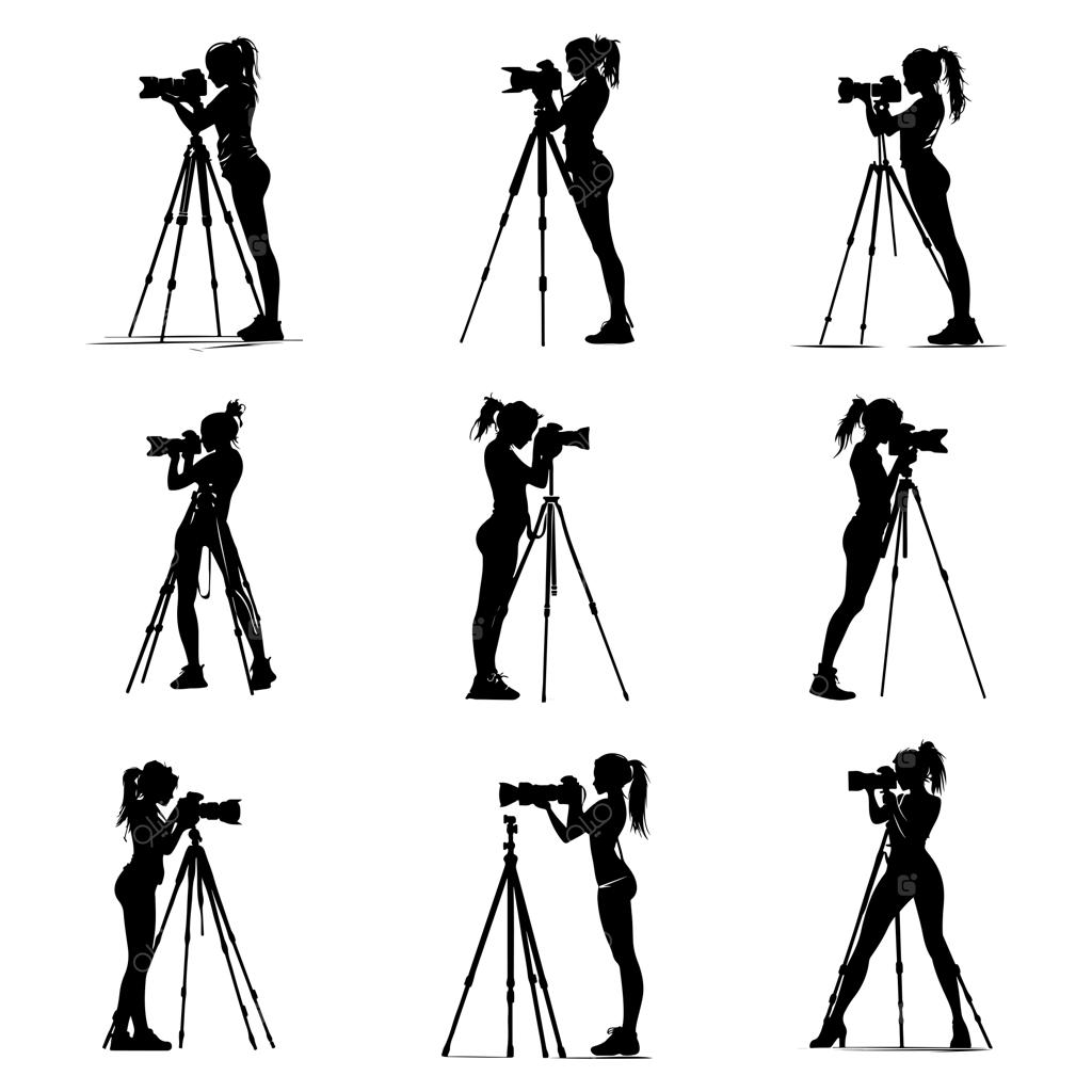 طرح وکتور سیلوئت زن در حال عکاسی با سه‌پایه در پس‌زمینه سفید