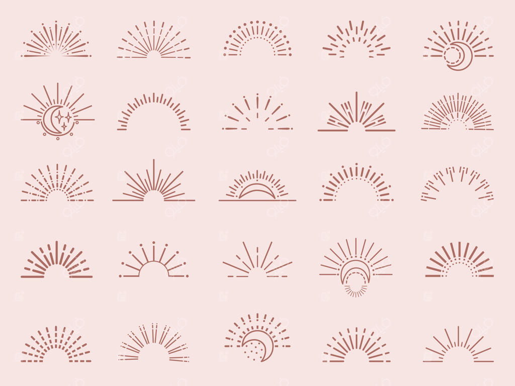 مجموعه نمادهای خورشید؛ طراحی انفجار اشعه، لوگوهای بوهو و امبلم‌های بوهمیایی، آیکون‌های انتزاعی و مدرن؛ وکتور غروب و طرح خطی نوین