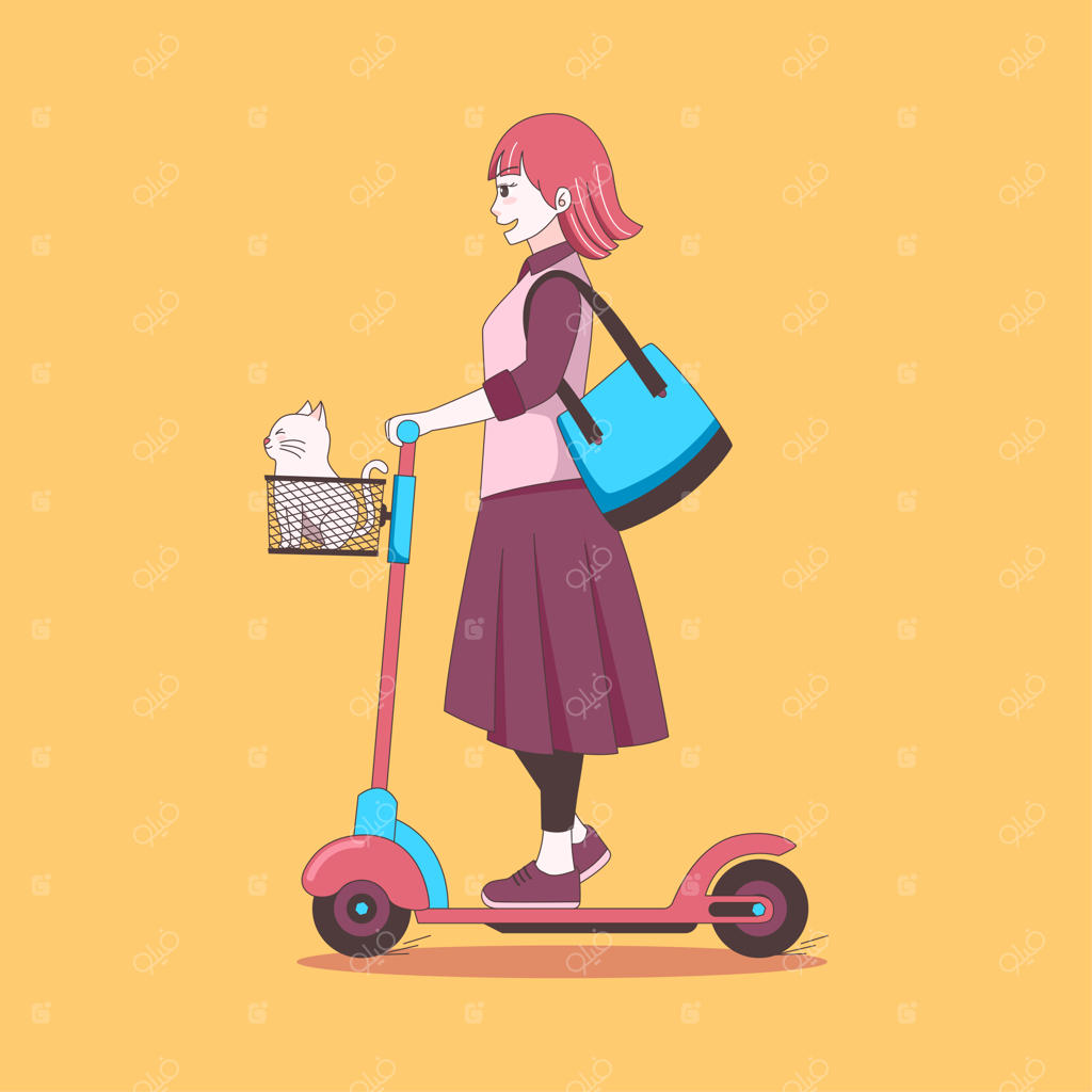 تصویر زن جوان شاد و گربه در حال سواری با اسکوتر برقی