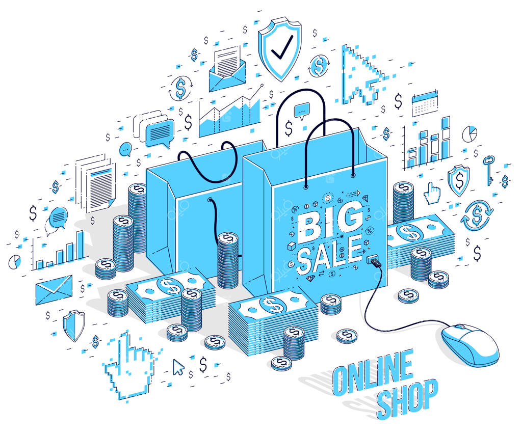 مفهوم فروشگاه آنلاین، فروش اینترنتی، کیسه خرید متصل به ماوس کامپیوتر. تصویر سه‌بعدی بیزینس ایزومتریک با آیکون‌ها، نمودارهای آماری و عناصر طراحی.