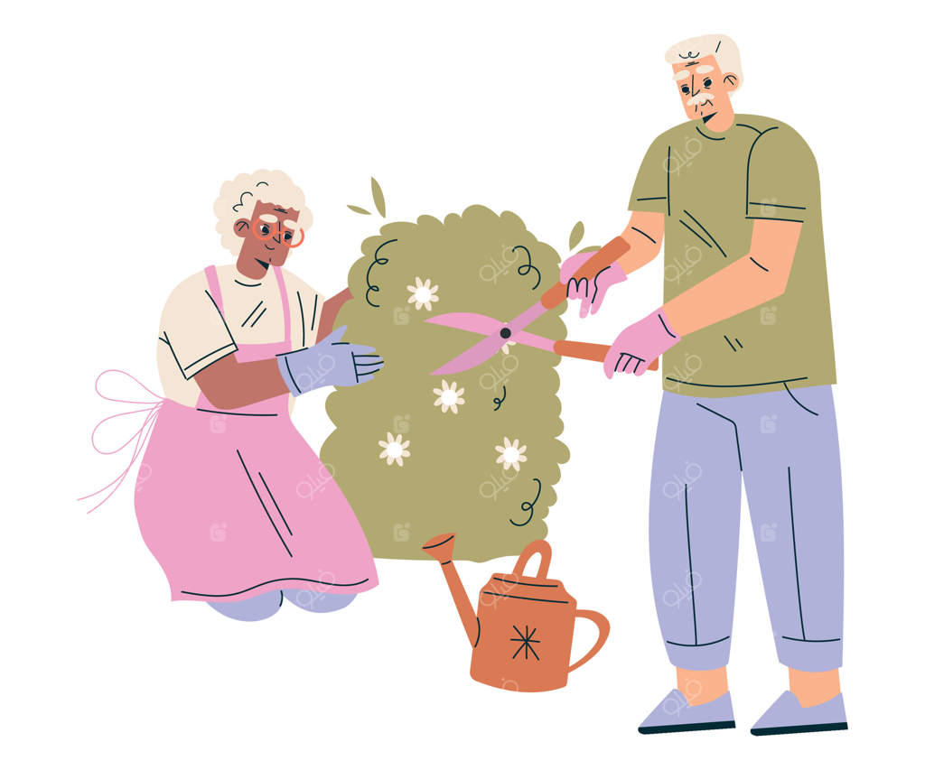 خانه سالمندان با شخصیت‌های مرد و زن بازنشسته که در حال هرس کردن بوته در باغ هستند - تصویرسازی