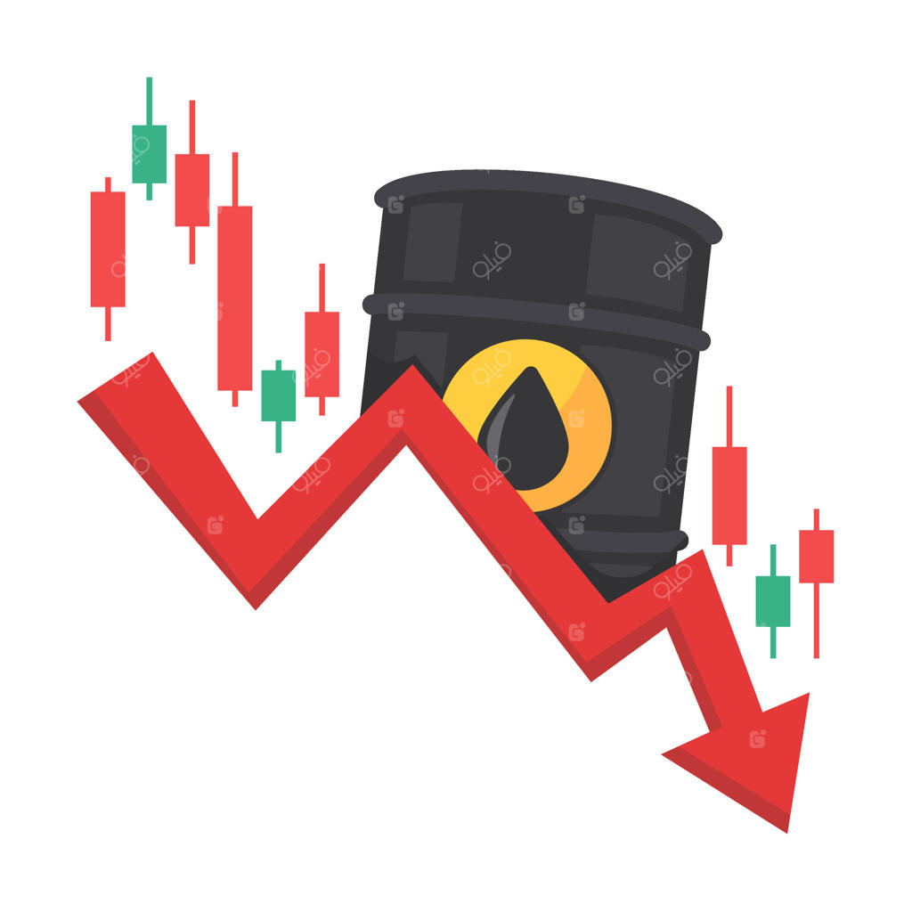 بشکه نفت با فلش رو به پایین و نمودار شمعی بورس نشان‌دهنده کاهش اقتصادی