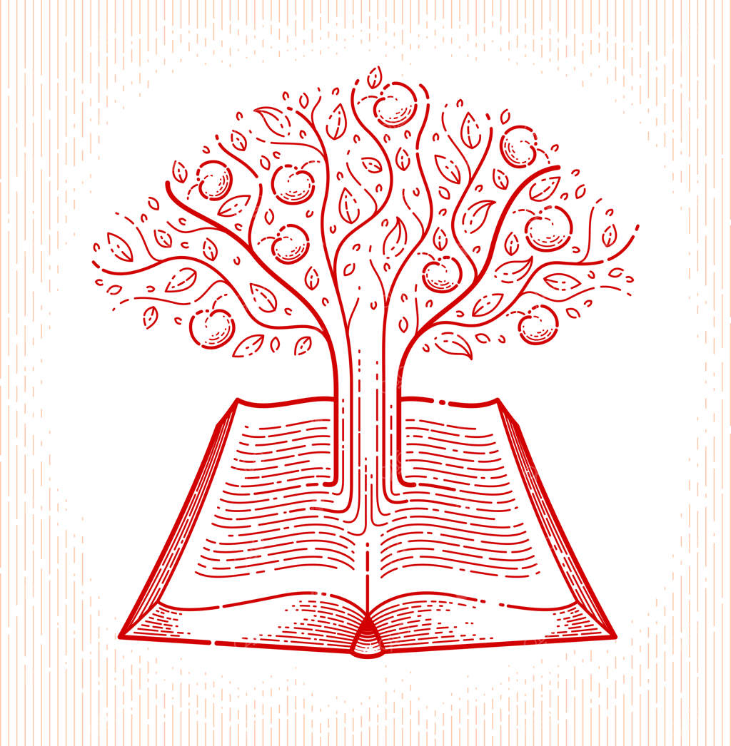 درختی که از خطوط متن یک کتاب قدیمی گشوده رشد می‌کند: مفهوم آموزش یا دانش علمی، نماد یا لوگوی کتابخانه ادبیات آموزشی یا علمی.