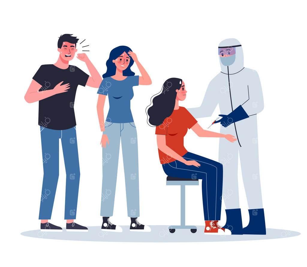 علائم و درمان: هشدار ویروس کرونا. پزشک با تجهیزات ویژه در حال تزریق واکسن به زن مبتلا.